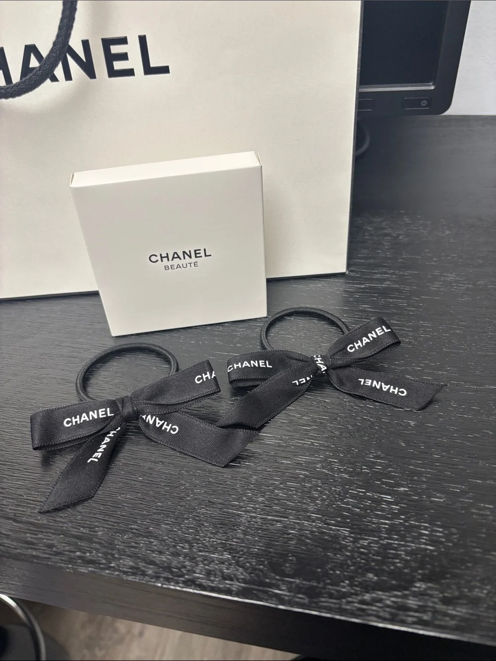 CHANEL Beaute GWP Black Ribbon Bow Hair Ties — Set of 2
